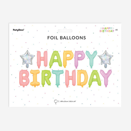 Packaging guirlande de ballons happy birthday pastel et étoiles