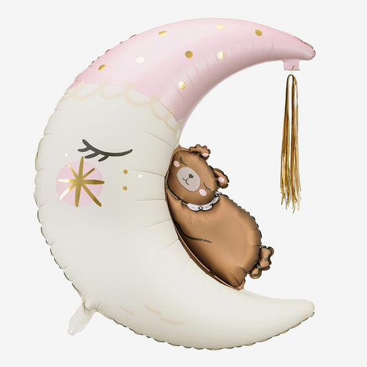 Ballon hélium ours endormi sur lune pour décoration baby shower fille