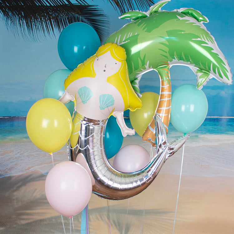 Mermaid girl birthday cluster with mermaid balloon and palm tree balloon
