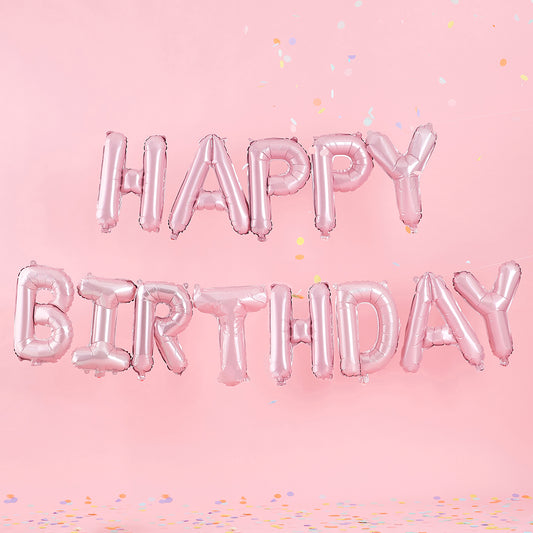 Globos de feliz cumpleaños rosa pastel y confeti para decoración de cumpleaños de niña.