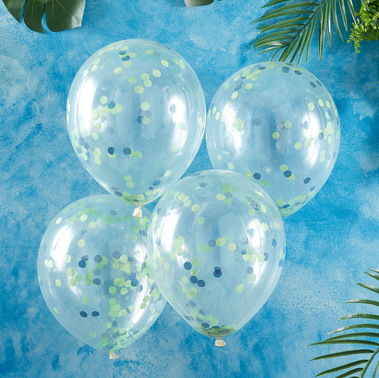 ballons remplis confettis verts et bleus pour un anniversaire dinosaure