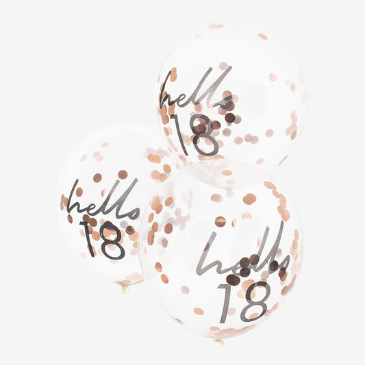 Ballons confettis rose gold hello 18 pour deco anniversaire 18 ans