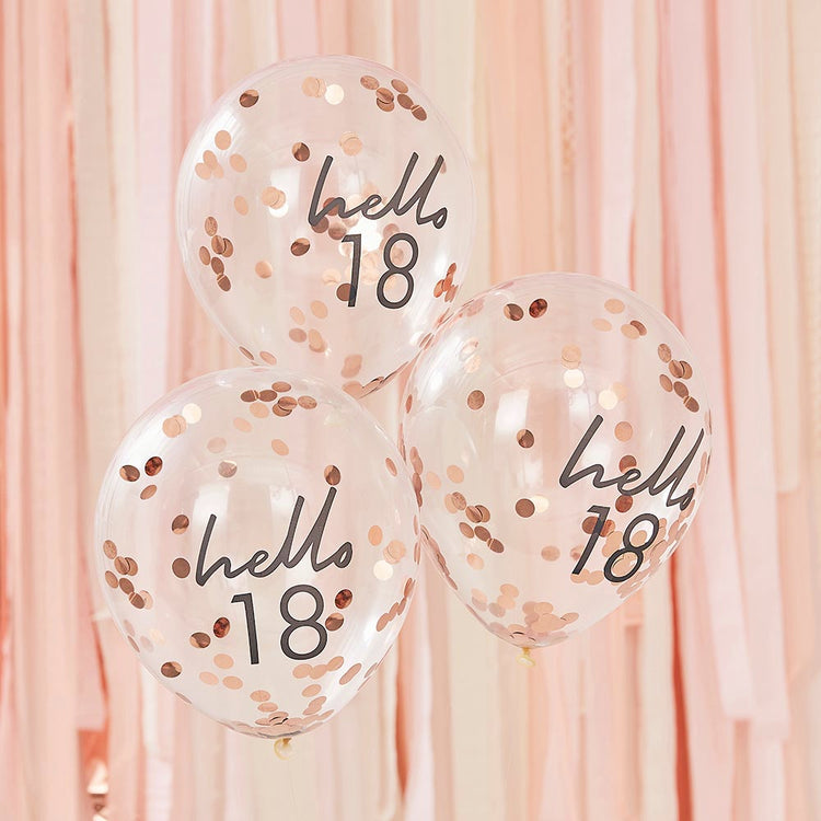 18th birthday decoration idea: rose gold confetti balloons