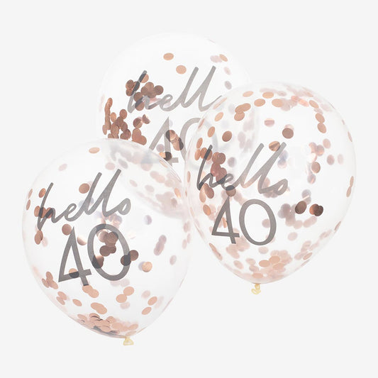 Ballons confettis rose gold hello 40 pour deco anniversaire 40 ans
