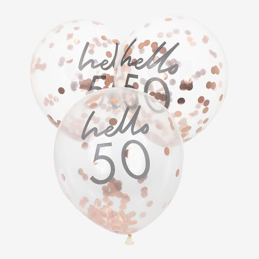 Ballons confettis rose gold hello 50 pour deco anniversaire 50 ans
