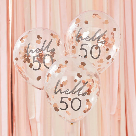 Idea per la decorazione del 50° compleanno: palloncini di coriandoli in oro rosa