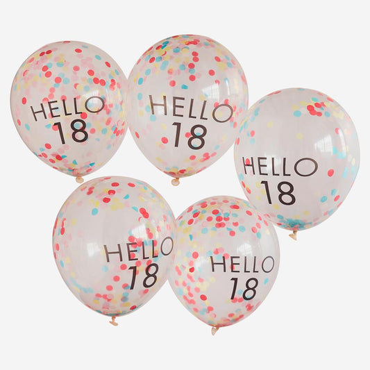 Anniversaire 18 ans : grappe ballons confettis multicolores hello 18