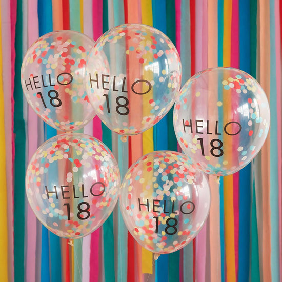 Deco anniversaire 18 ans multicolore avec ballons confettis ginger ray