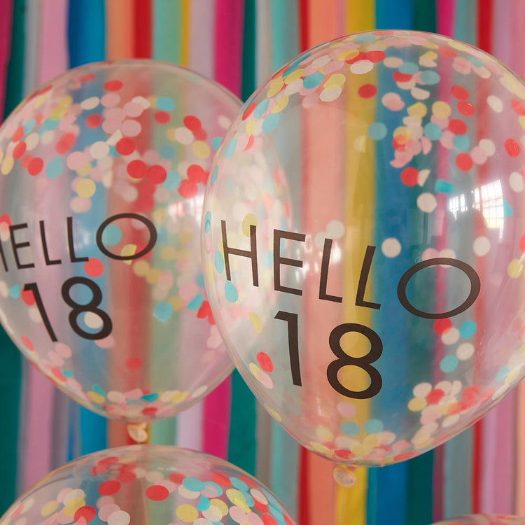 Ballons hello 18 confettis multicolore pour decoration 18 ans