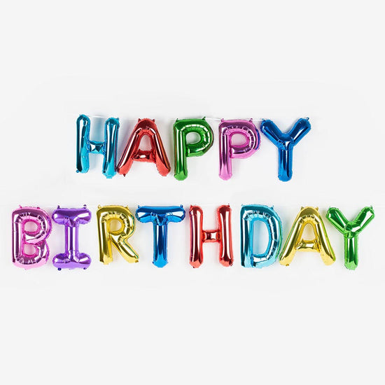 Globos de letras multicolores de feliz cumpleaños para decoraciones de cumpleaños infantiles.