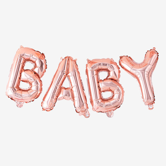 Globos con letras de oro rosa para decoración de baby shower de niña.