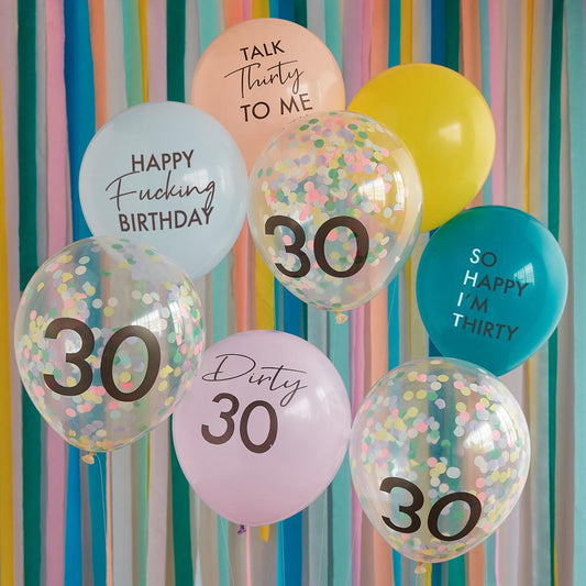 Anniversaire 30 ans : grappe de ballons 30 multicolore messages