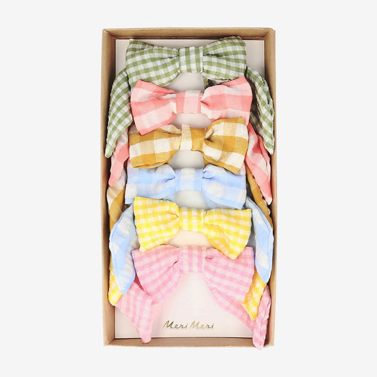 Idee cadeau anniversaire fille : 6 barrettes noeud vichy pastel