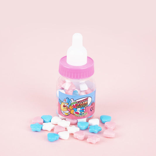 Decoración de baby shower: dulces de biberón rosa y azul