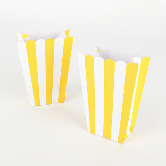 boîtes à pop corn à rayures jaunes pour sweet-table de mariage ou anniversaire