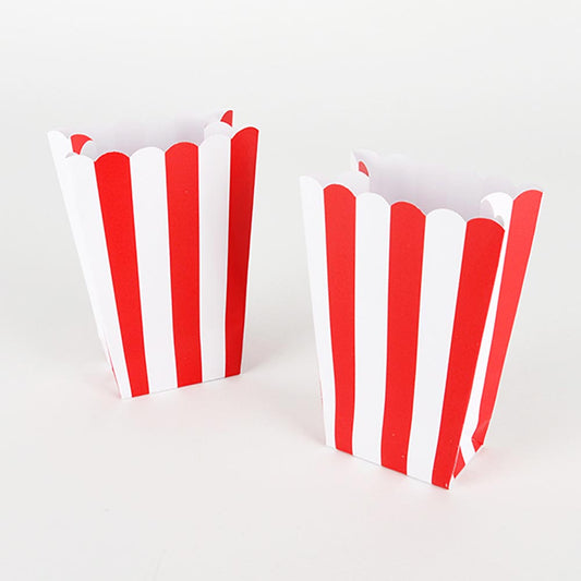 5 red striped popcorn boxes for circus-themed birthday buffet decoration
