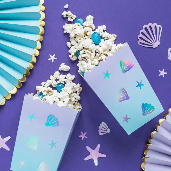 Cajas de palomitas de concha marina para decoración de mesa de cumpleaños de sirena