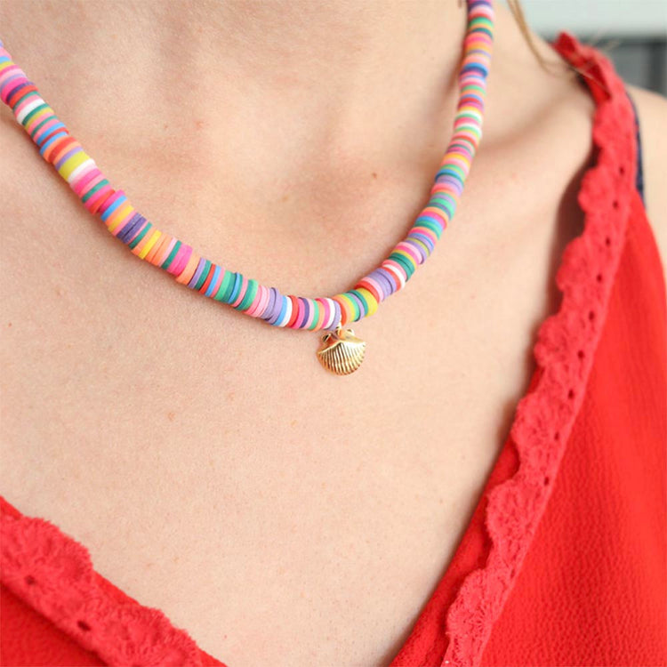 Diy necklace in multicolored heishi beads and shell
