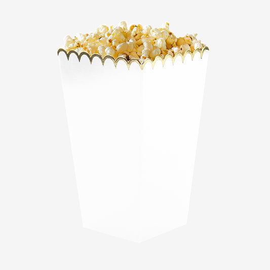 8 cajas de palomitas de maíz blancas y doradas para una mesa de fiesta, cumpleaños, boda