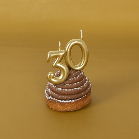 Bougie gâteau anniversaire chiffre 30 coloris rose gold sur pic