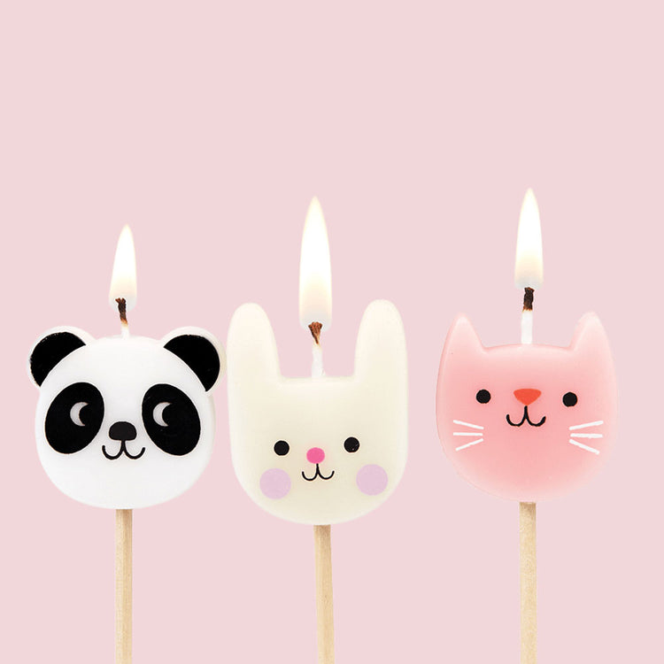 Rabbit, panda and cat candles for 2-year-old birthday cake