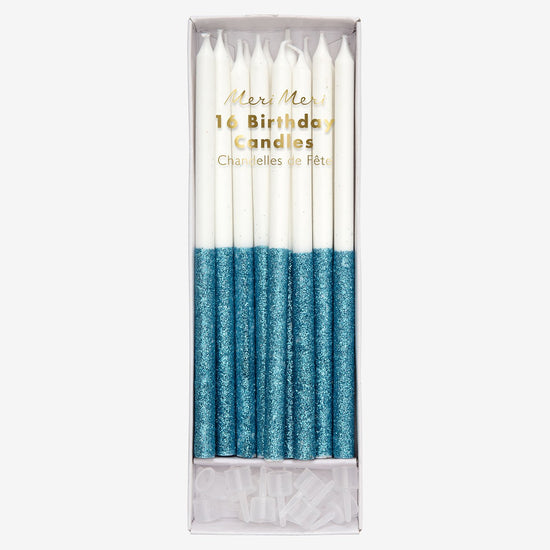 Bougies anniversaire longues à paillettes bleues pour decoration gateau 