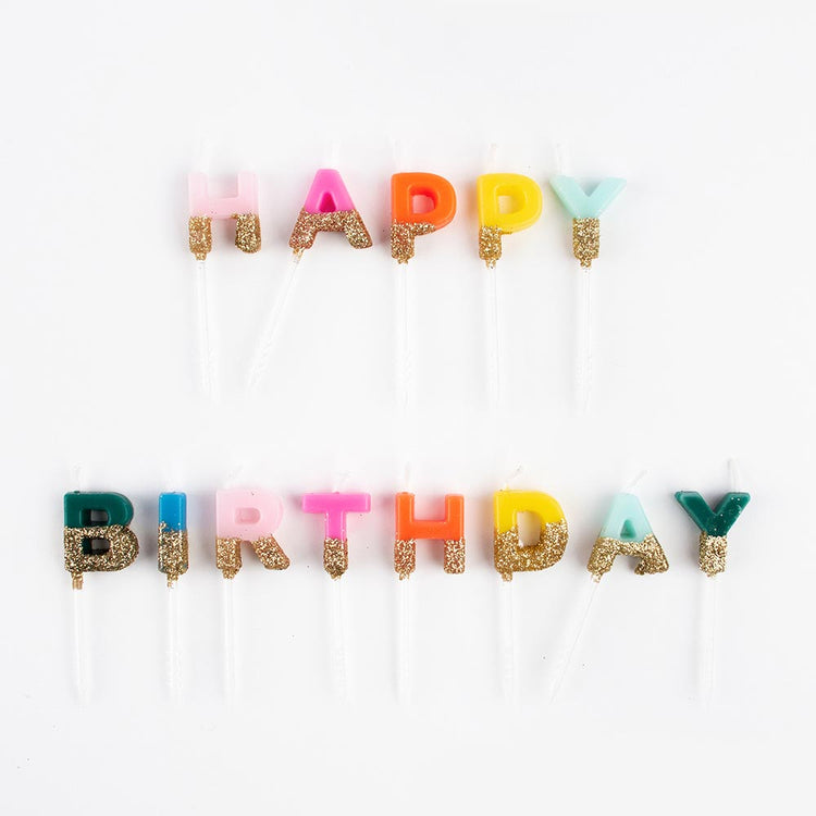 Bougies Happy Birthday multicolores et dorées pour deco gateau anniversaire 