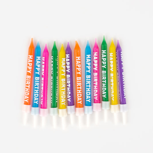 Multicolored happy birthday candles for teen birthday cake decoration.