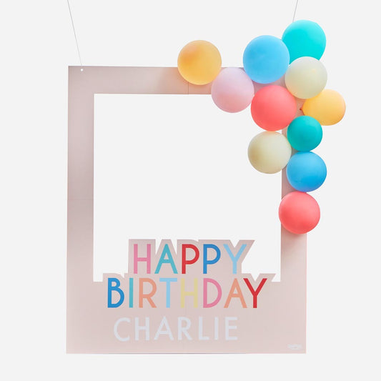 Customizable birthday photobooth frame with multicolored balloons