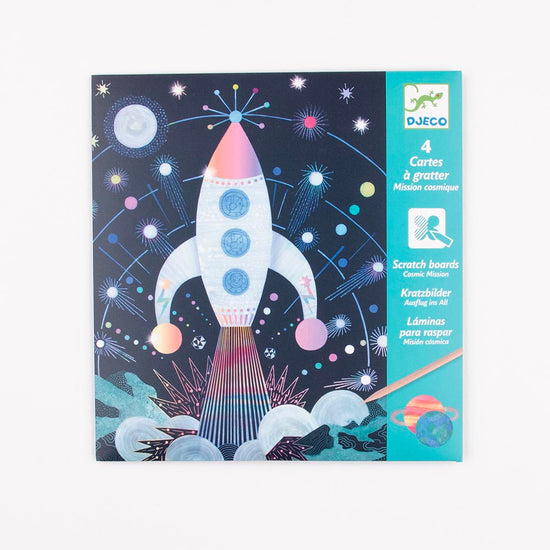 4 tarjetas rasca y gana con temática cosmos de Djeco: actividad espacial de cumpleaños infantil