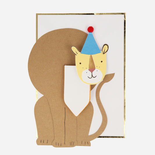 Tarjeta acordeón león para un cumpleaños infantil con temática felina o safari