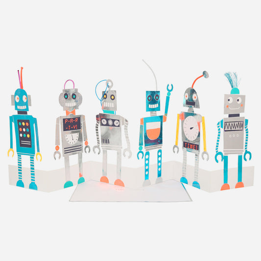 Déco anniversaire futuriste : centre de table robots pour table d'anniversaire
