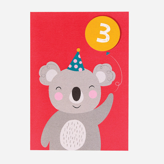 Cumpleaños 3 años: tarjeta de cumpleaños koala 3 años