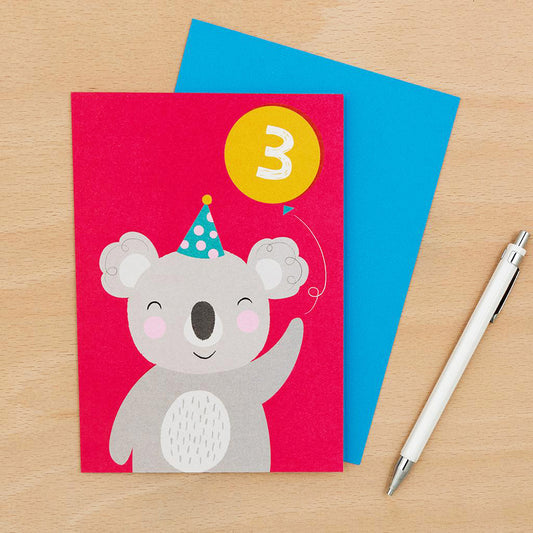Tarjeta de cumpleaños colorida de 3 años con koala