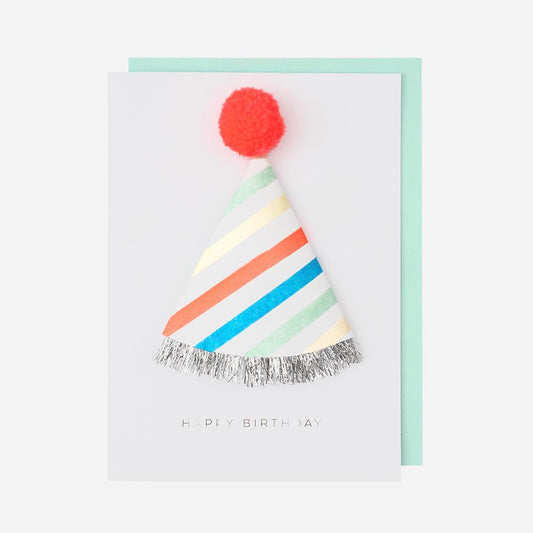 Carte voeux anniversaire avec chapeau pointu multicolore pour offrir