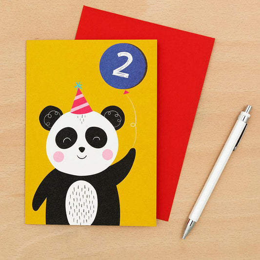 Biglietto di compleanno colorato di due anni per bambino con un panda