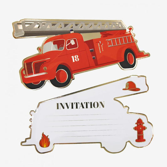 Invitations anniversaire pompiers en forme de camion de pompiers