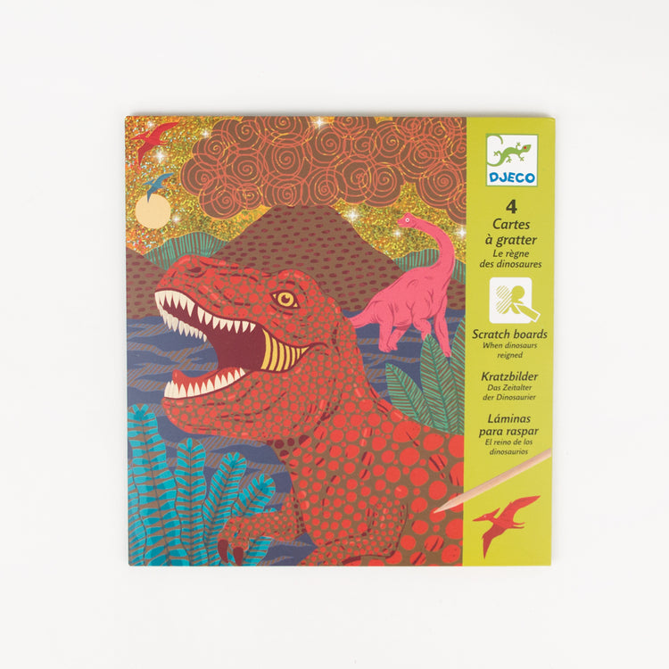 Juegos infantiles Djeco: tarjetas rasca y gana para dibujar dinosaurios.