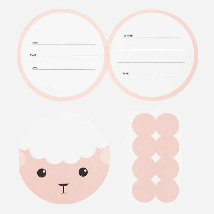 Carton d'invitation mouton avec stickers : anniversaire enfant thème ferme