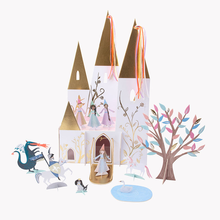 Centro de mesa castillo princesa para cumpleaños infantil con temática de unicornio
