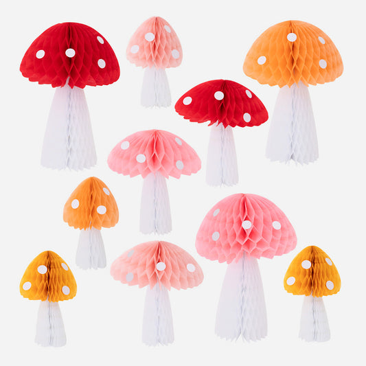 Decorative honeycomb mushrooms for a child's birthday party