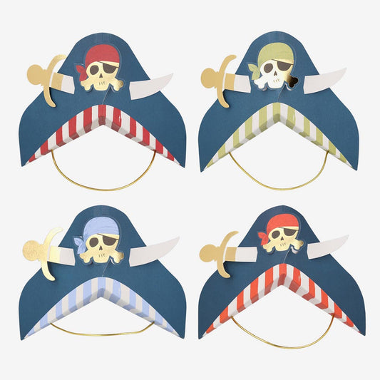 Anniversaire pirate : 8 chapeaux pirate à rayures colorées et tete de mort