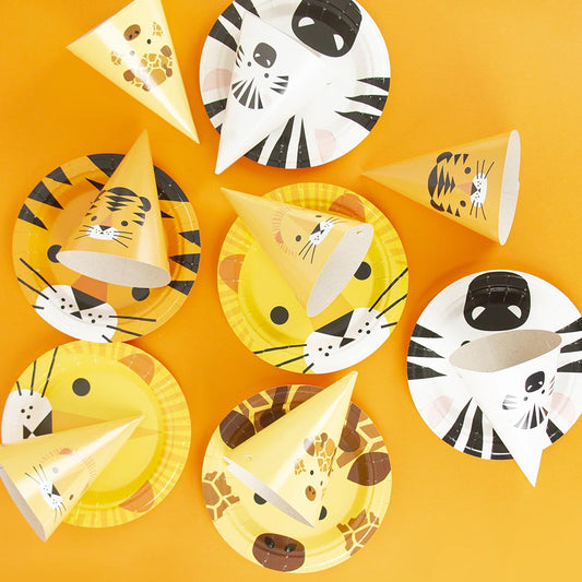 Children's safari birthday party: pointy feline hats and safari tableware