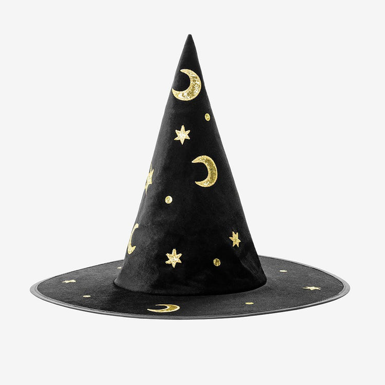 Chapeau de sorciere noir et or pour se déguiser à halloween