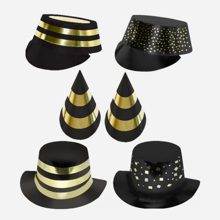 12 chapeaux de fête noir et or - Photobooth Nouvel an
