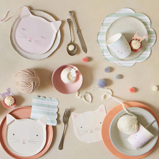 8 platos de papel de gato para decoración de mesa de cumpleaños de 1 año