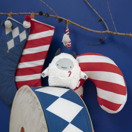 Christmas decoration with red and blue fabric socks