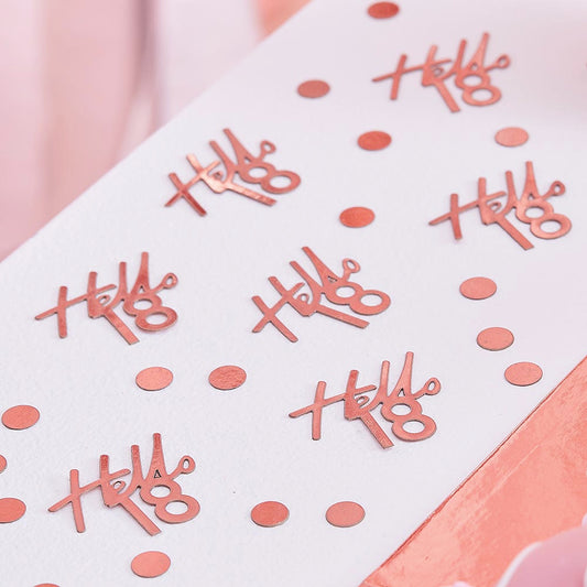 Idea de decoración de mesa de cumpleaños para adultos de oro rosa: confeti de 18 cumpleaños
