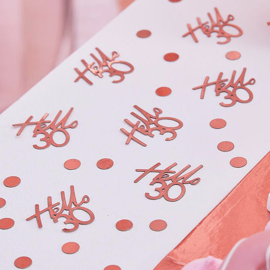 Idea de decoración de mesa de cumpleaños para adultos de oro rosa: confeti de 30 cumpleaños