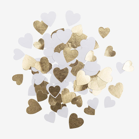 Decoración de mesa de boda bohemia: confeti de corazón blanco y dorado